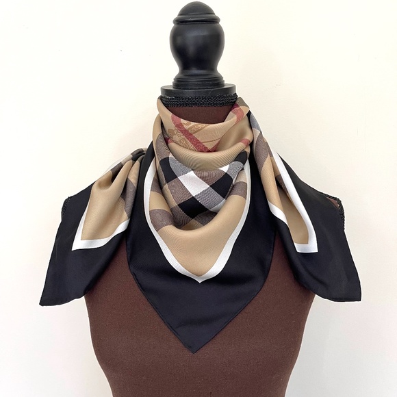 New Burberry Scarf Beige Check Black Border Silk Wrap - Picture 9 of 12